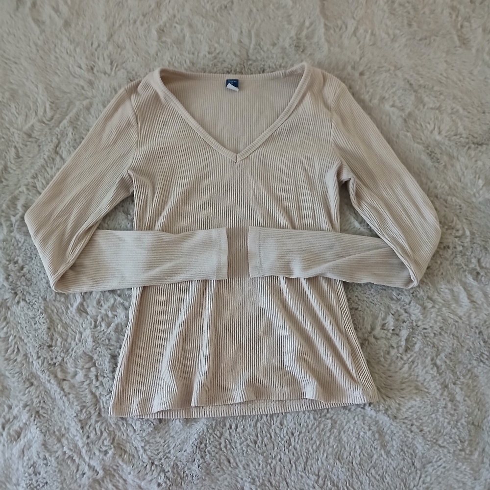Old Navy Beige Ribbed V-Neck Blouse